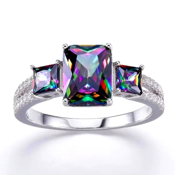 S92.5 Solid Sterling Silver LC Rainbow Mystic Topaz Ring - Picture 3 of 5